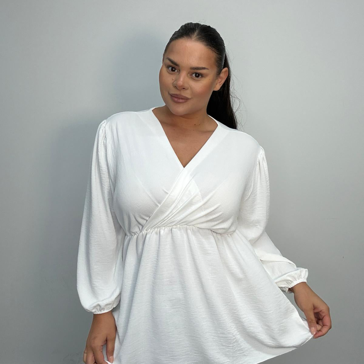 Plus Size Wrap Front Peplum Blouse with Balloon Sleeves