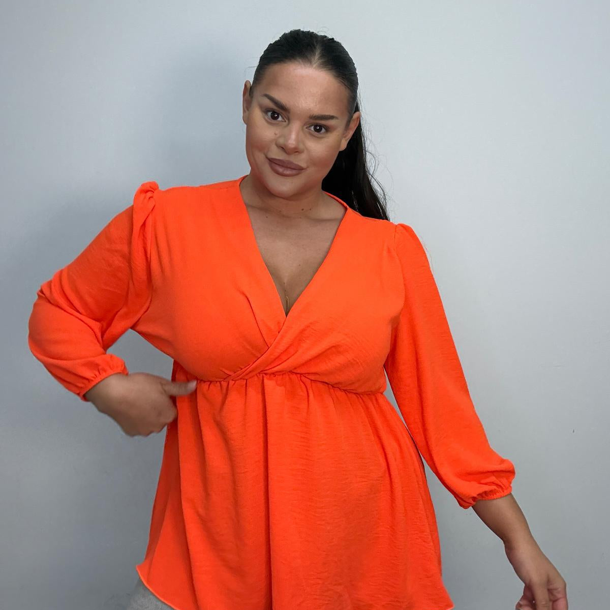 Plus Size Wrap Front Peplum Blouse with Balloon Sleeves