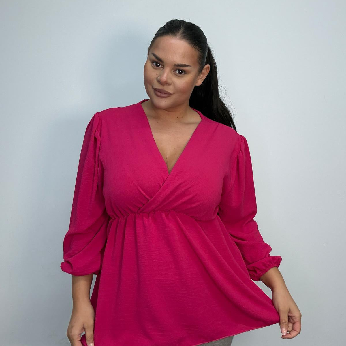 Plus Size Wrap Front Peplum Blouse with Balloon Sleeves