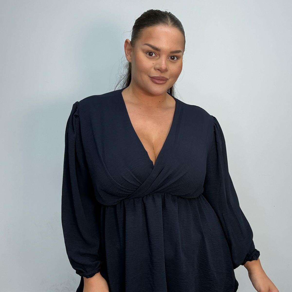 Plus Size Wrap Front Peplum Blouse with Balloon Sleeves