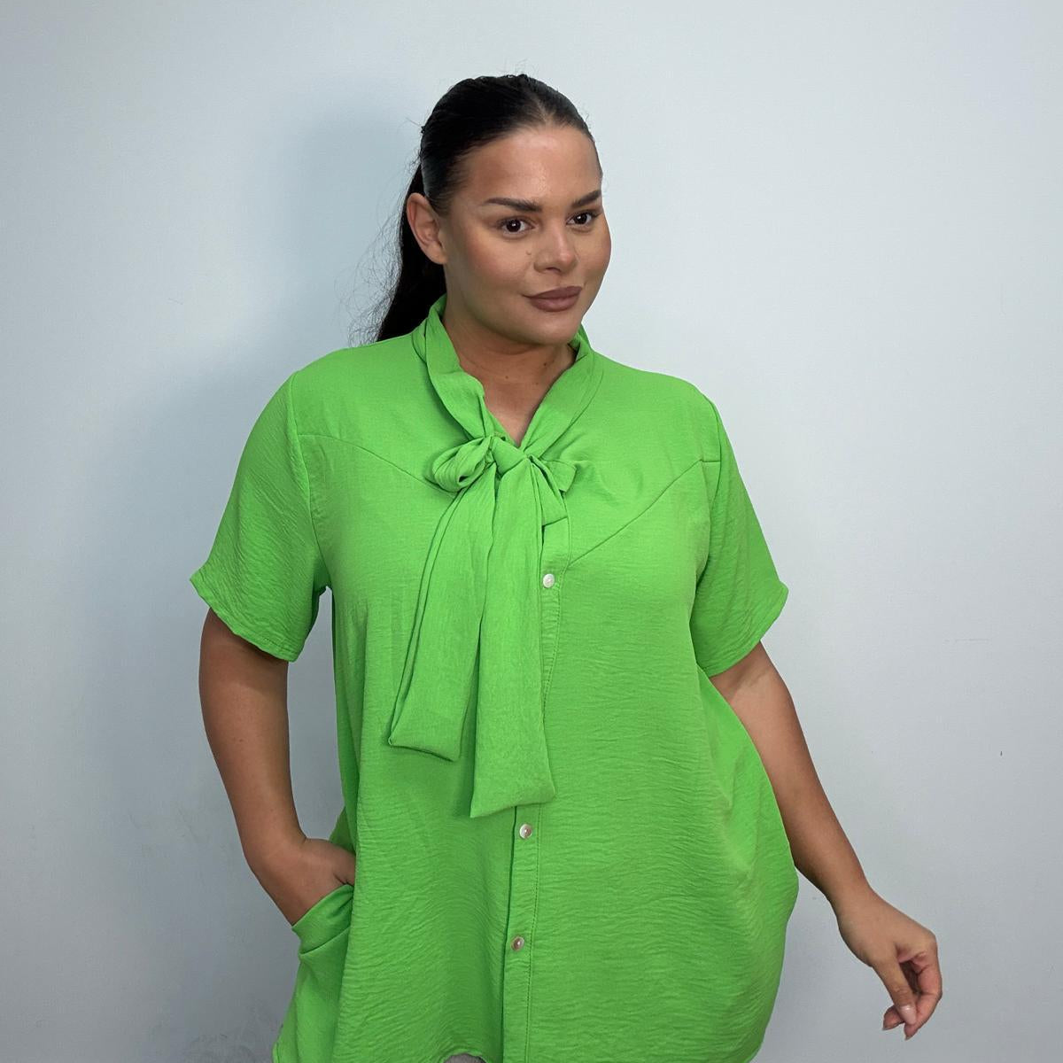 Plus Size Tie Neck Button Front Blouse with Pockets
