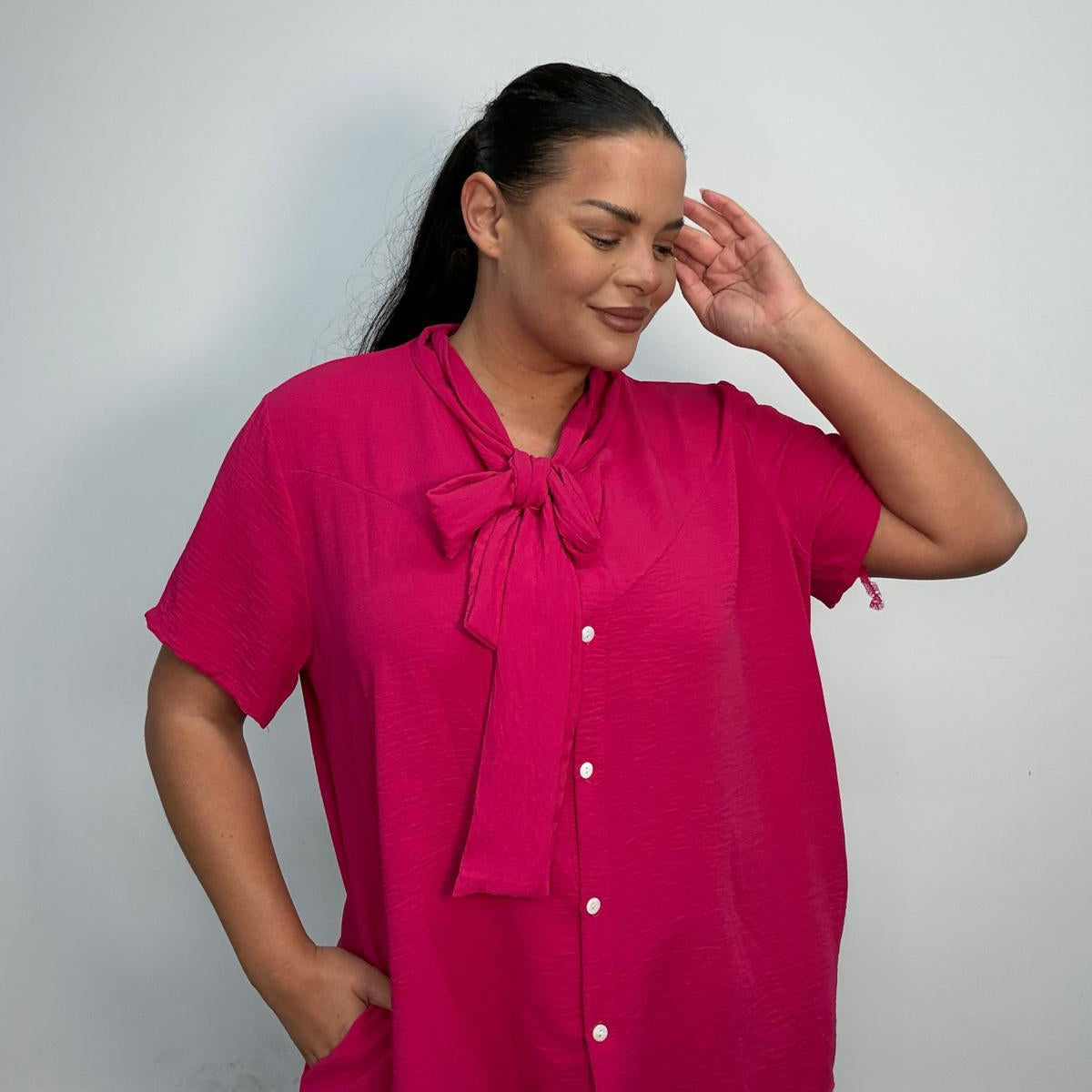 Plus Size Tie Neck Button Front Blouse with Pockets