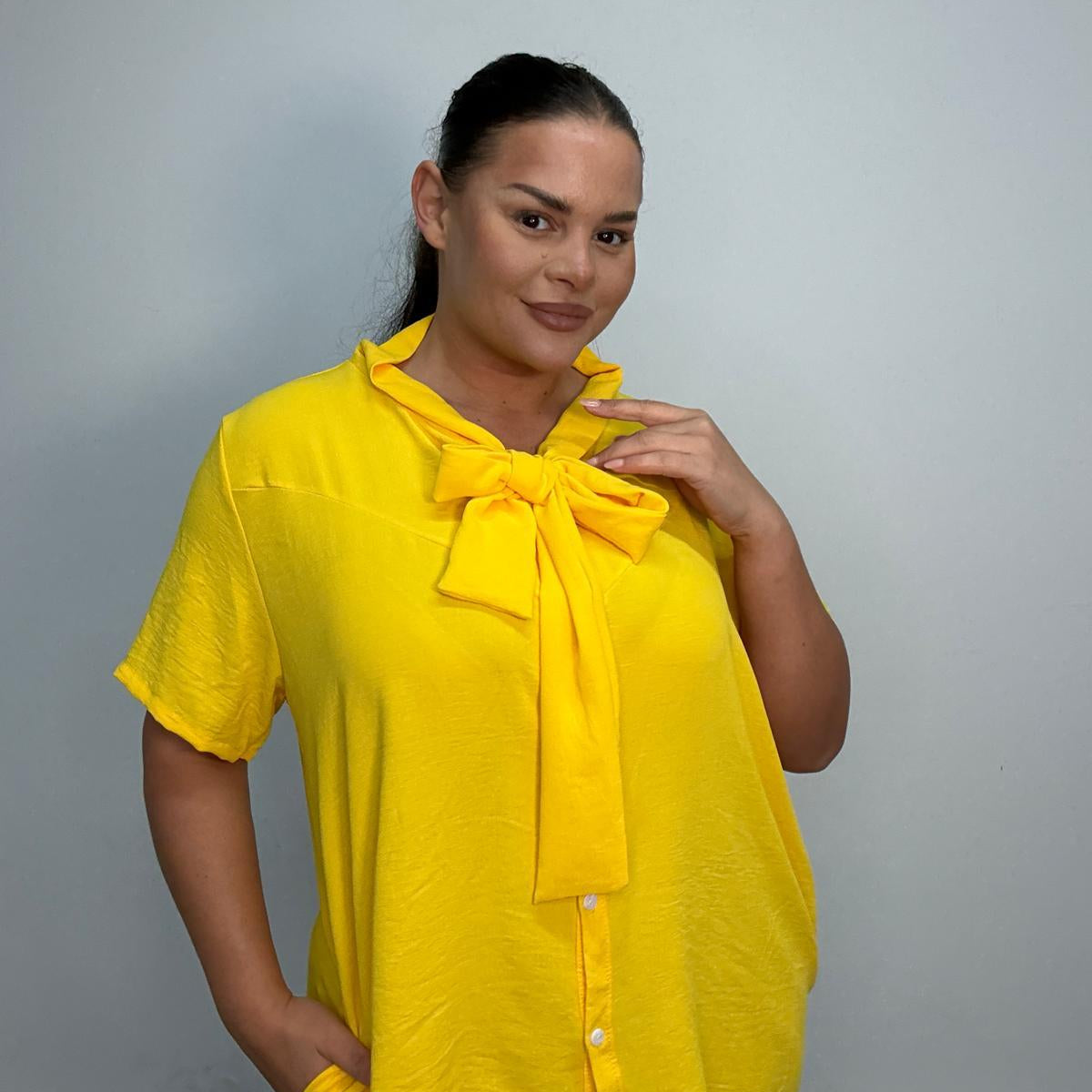 Plus Size Tie Neck Button Front Blouse with Pockets