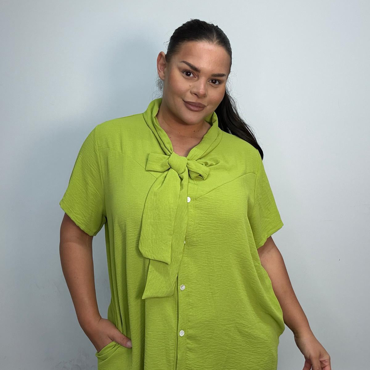 Plus Size Tie Neck Button Front Blouse with Pockets