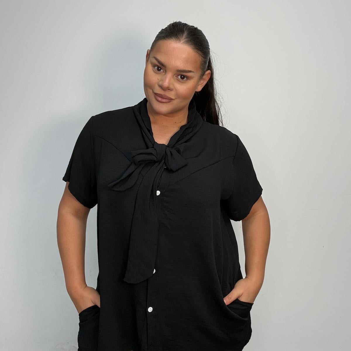 Plus Size Tie Neck Button Front Blouse with Pockets