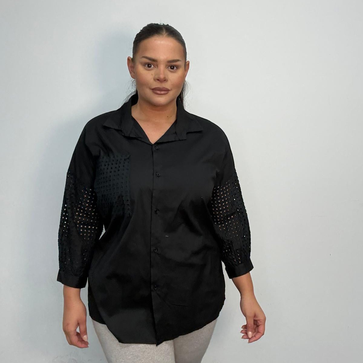 Plus Size Broderie Sleeve Button Shirt