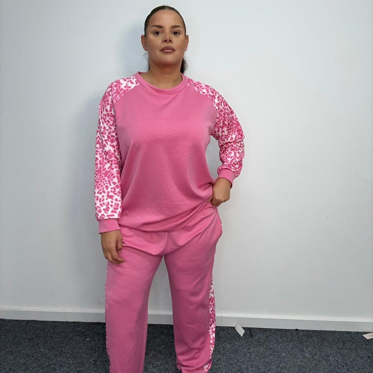 Plus Size Leopard Print Sleeve Loungewear Co-Ord Set