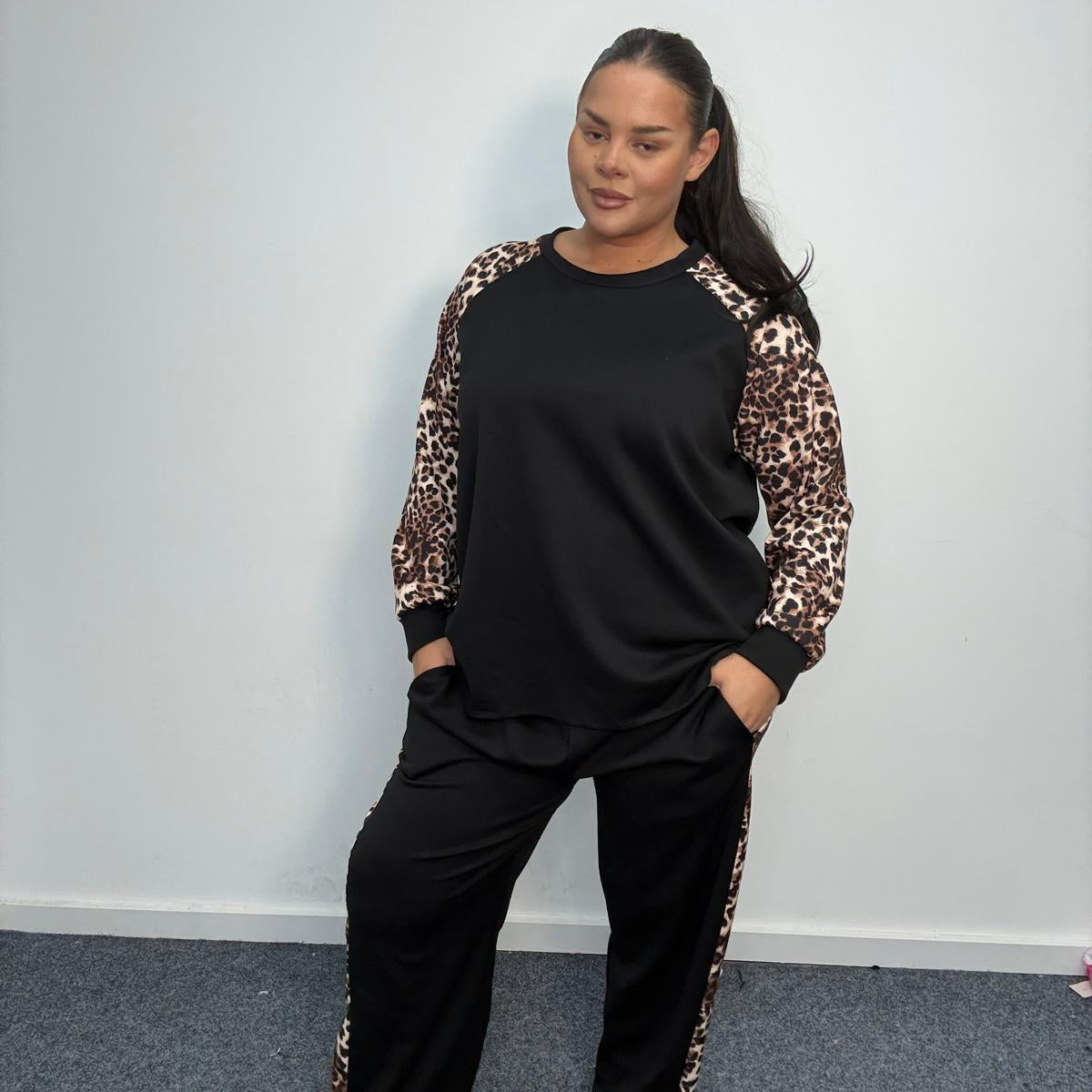 Plus Size Leopard Print Sleeve Loungewear Co-Ord Set
