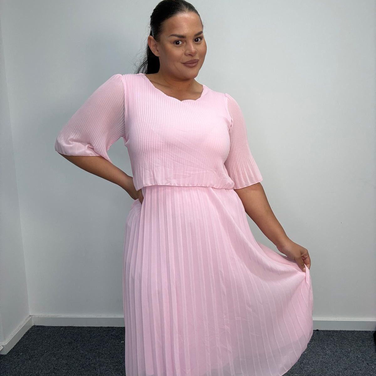 Plus Size Pleated Midi Dress with Angel Sleeves