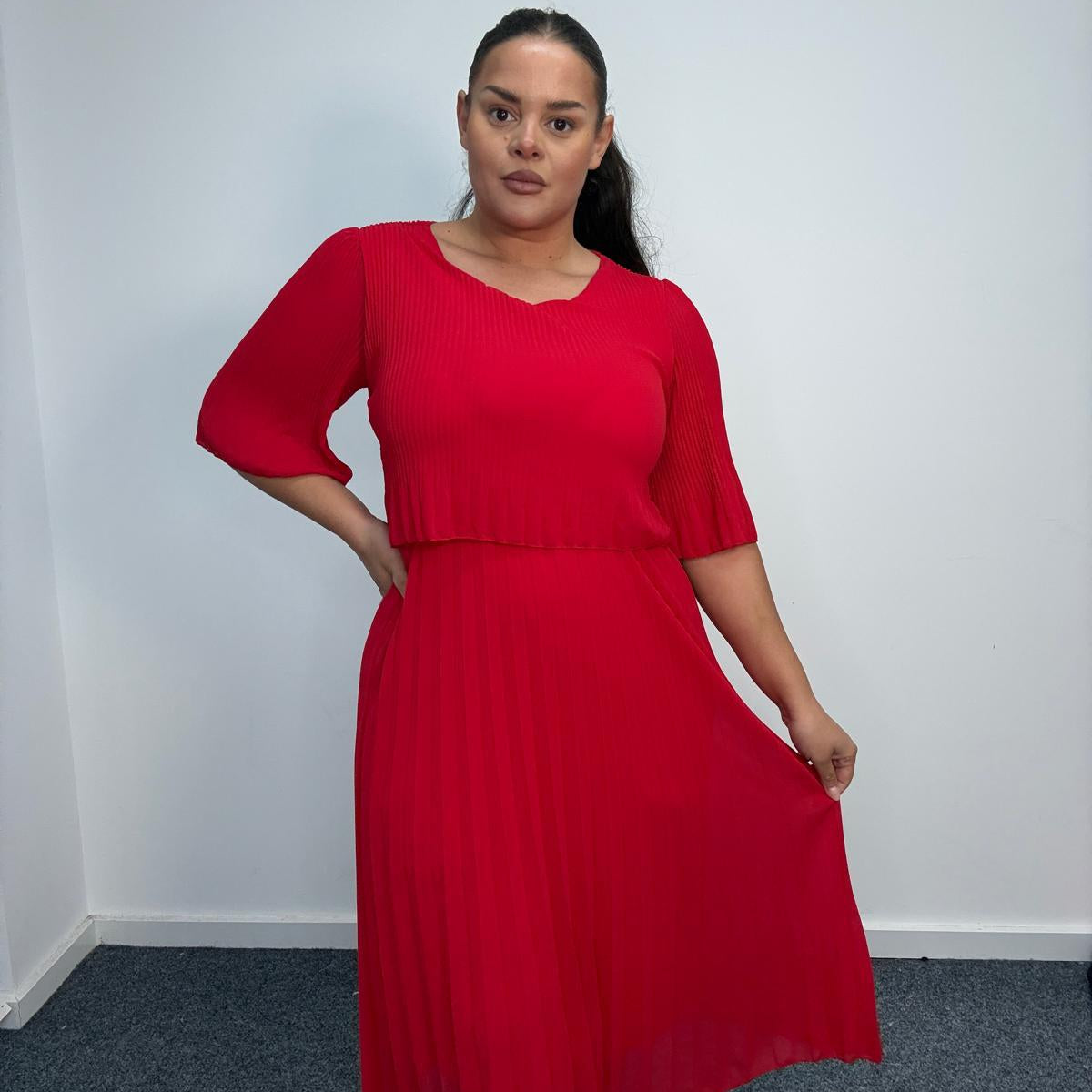 Plus Size Pleated Midi Dress with Angel Sleeves