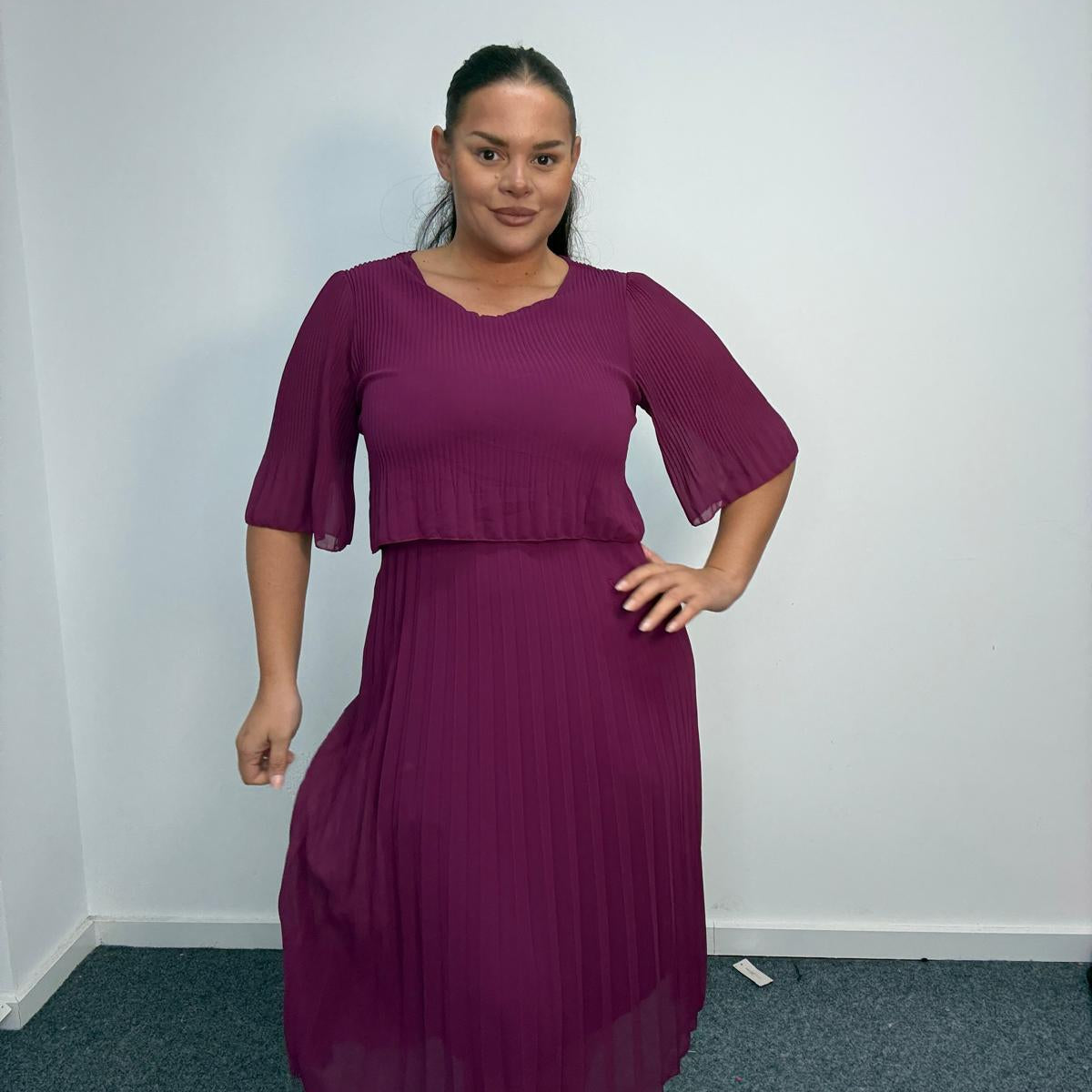 Plus Size Pleated Midi Dress with Angel Sleeves