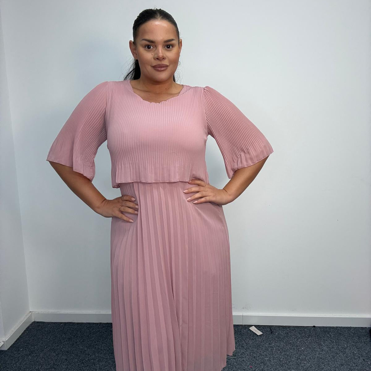 Plus Size Pleated Midi Dress with Angel Sleeves