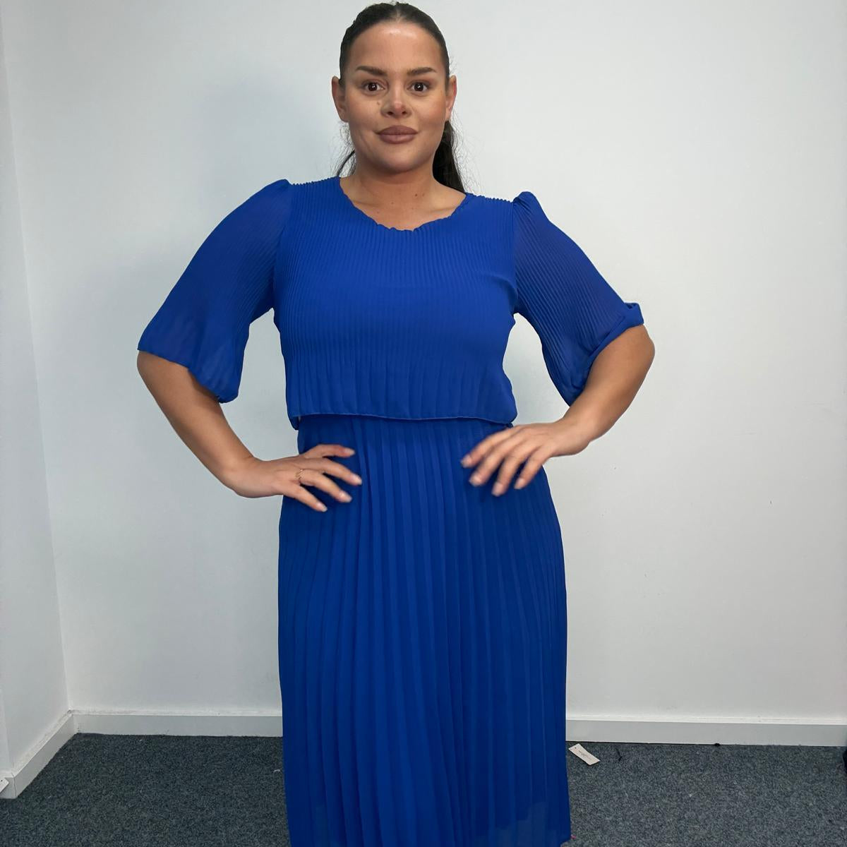 Plus Size Pleated Midi Dress with Angel Sleeves