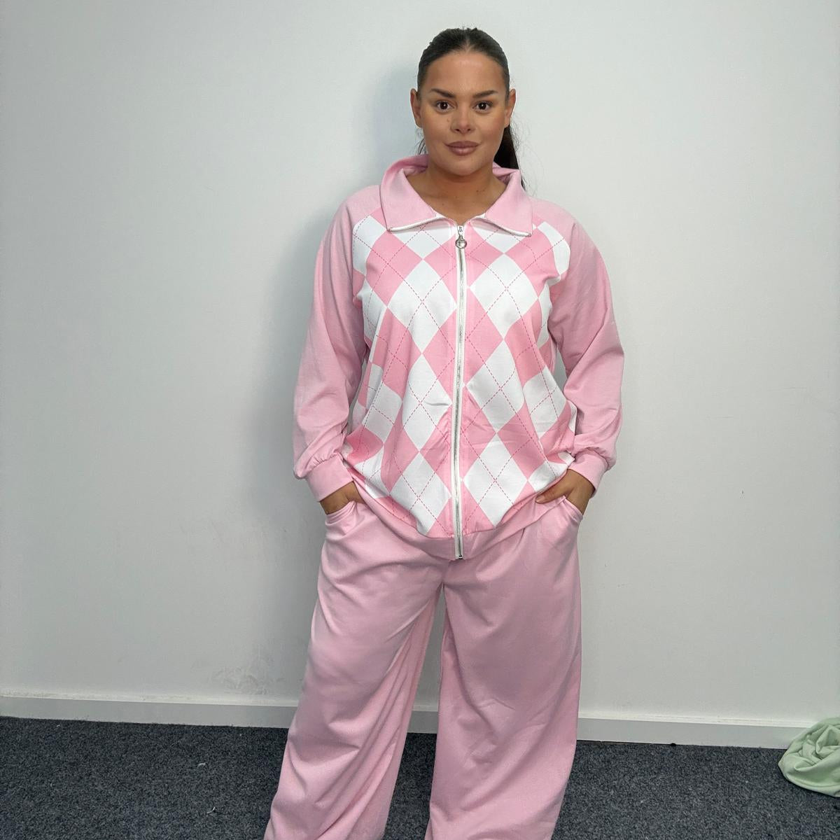 Plus Size Argyle Zip Up Lounge Co-Ord Set