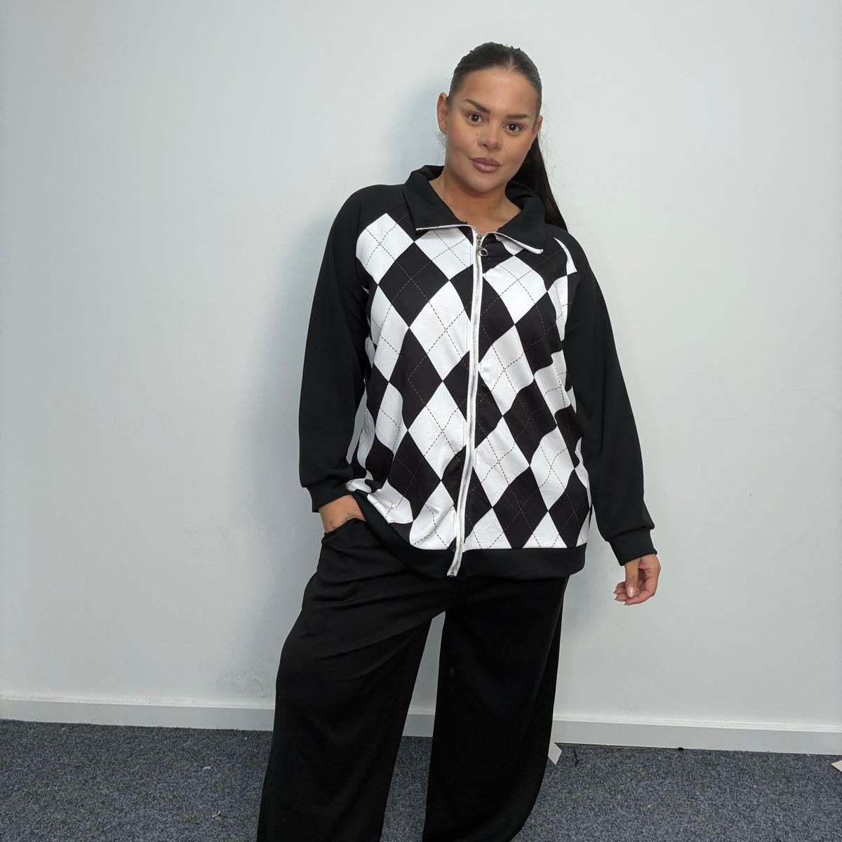 Plus Size Argyle Zip Up Lounge Co-Ord Set