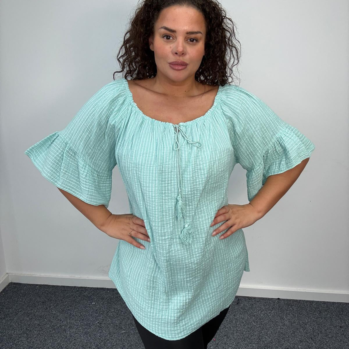 Plus Size Stripe Tassel Tie Blouse with Flared Sleeves