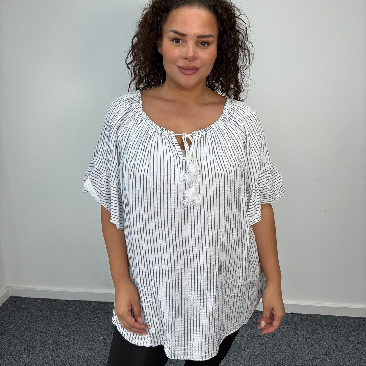 Plus Size Stripe Tassel Tie Blouse with Flared Sleeves