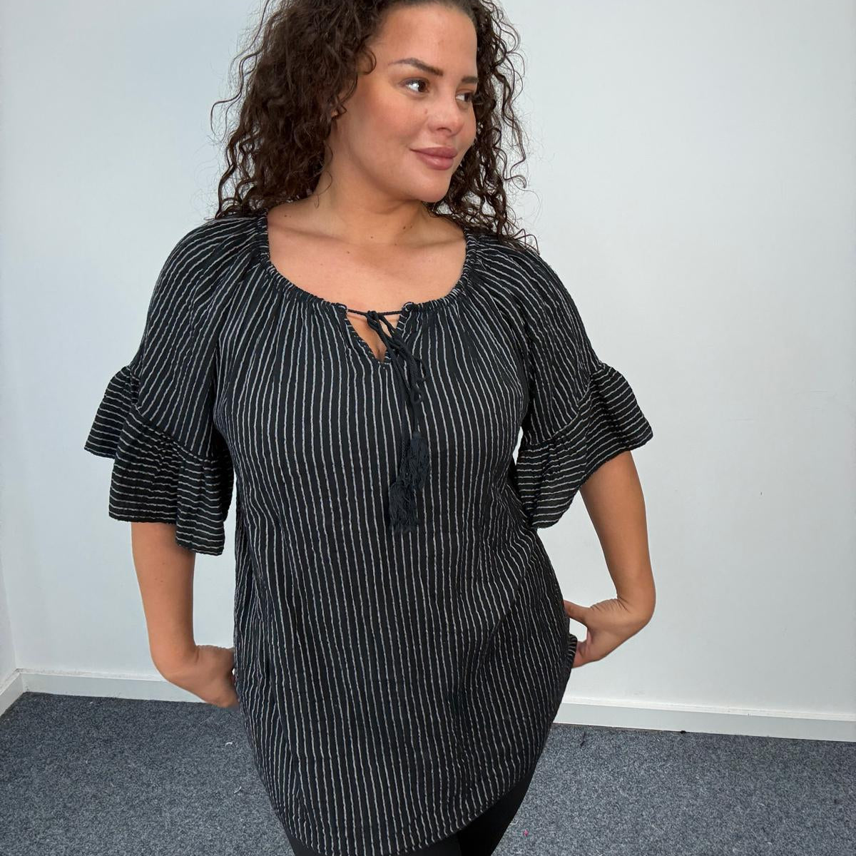 Plus Size Stripe Tassel Tie Blouse with Flared Sleeves