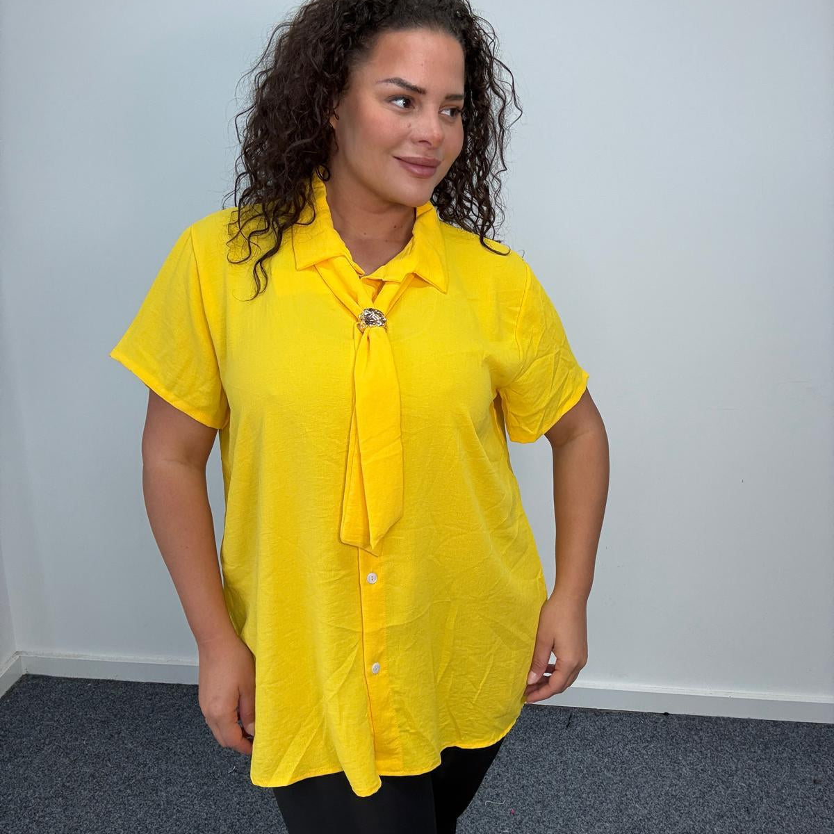 Plus Size Tie Neck Button Front Blouse