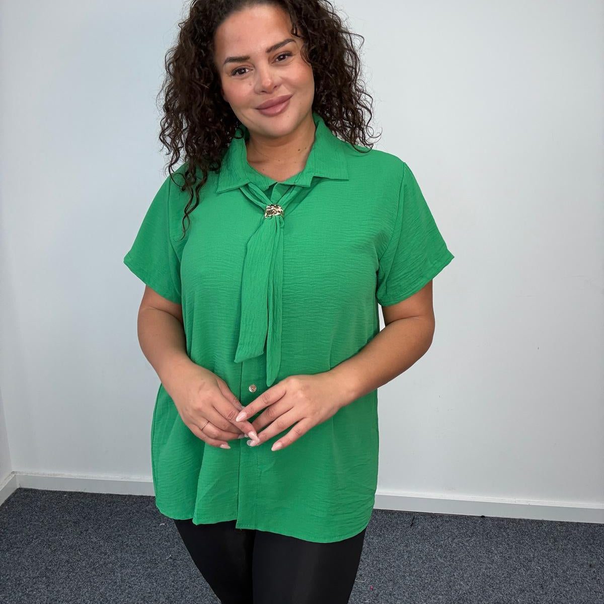 Plus Size Tie Neck Button Front Blouse