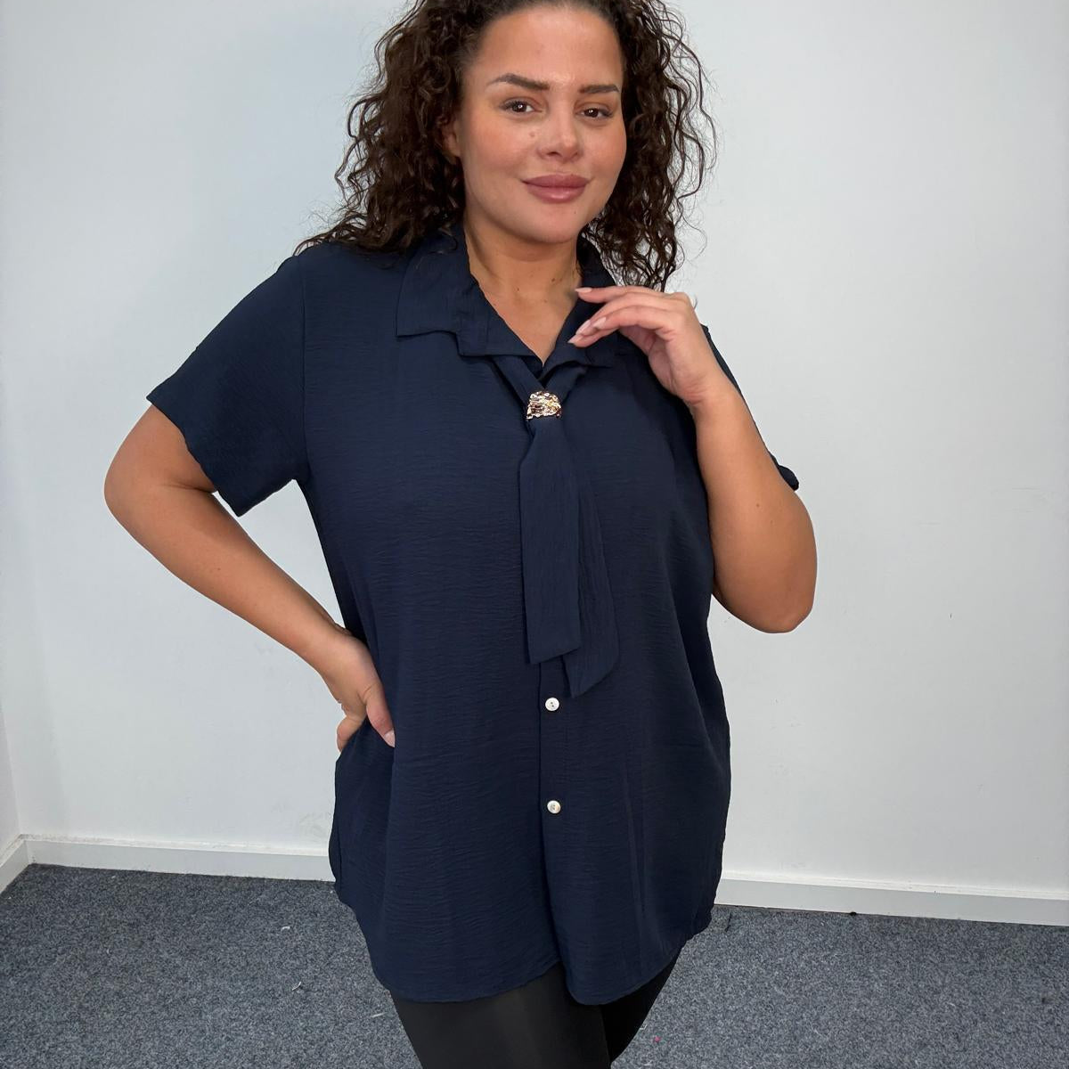 Plus Size Tie Neck Button Front Blouse