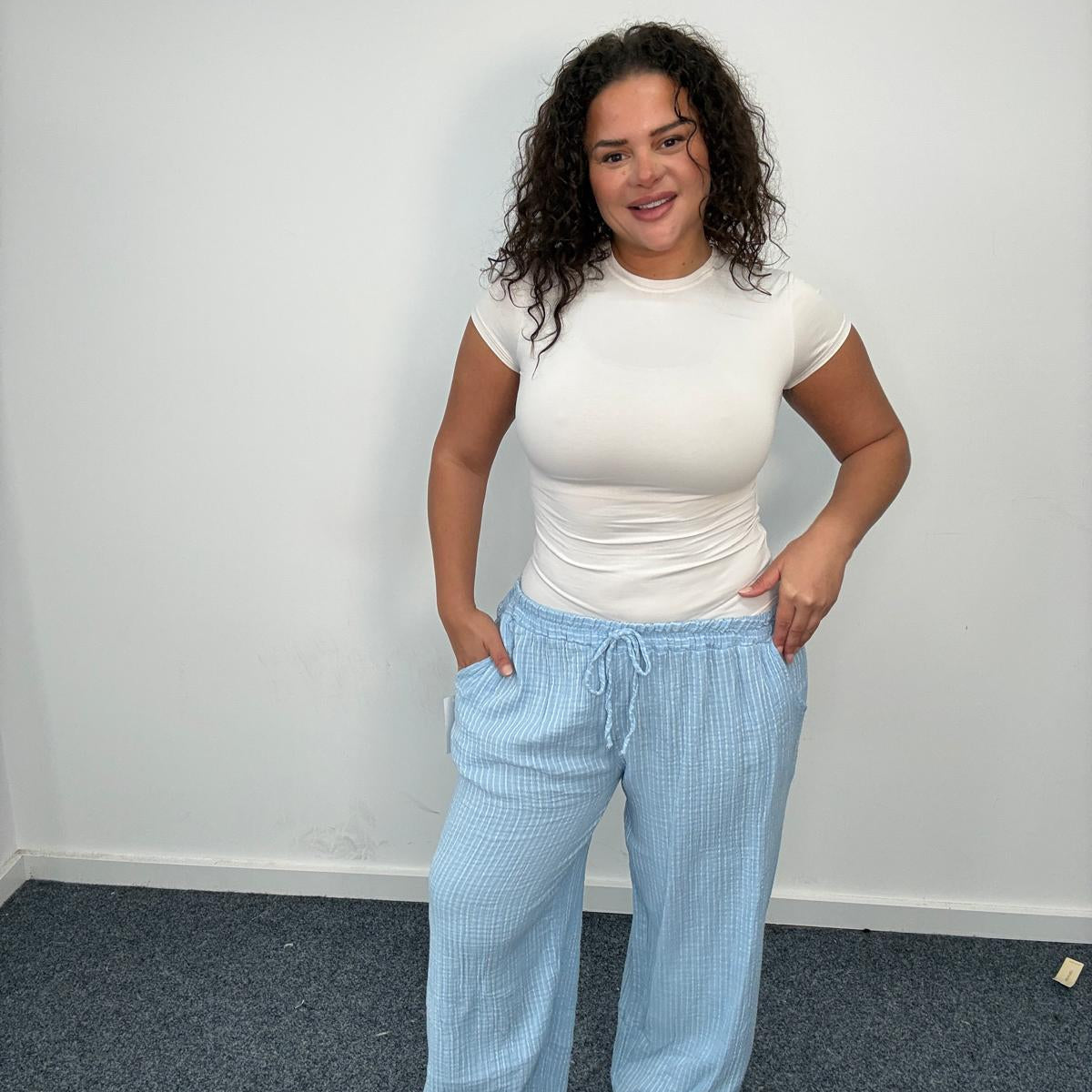 Plus Size Stripe Wide Leg Trousers Elasticated Waist with Pockets