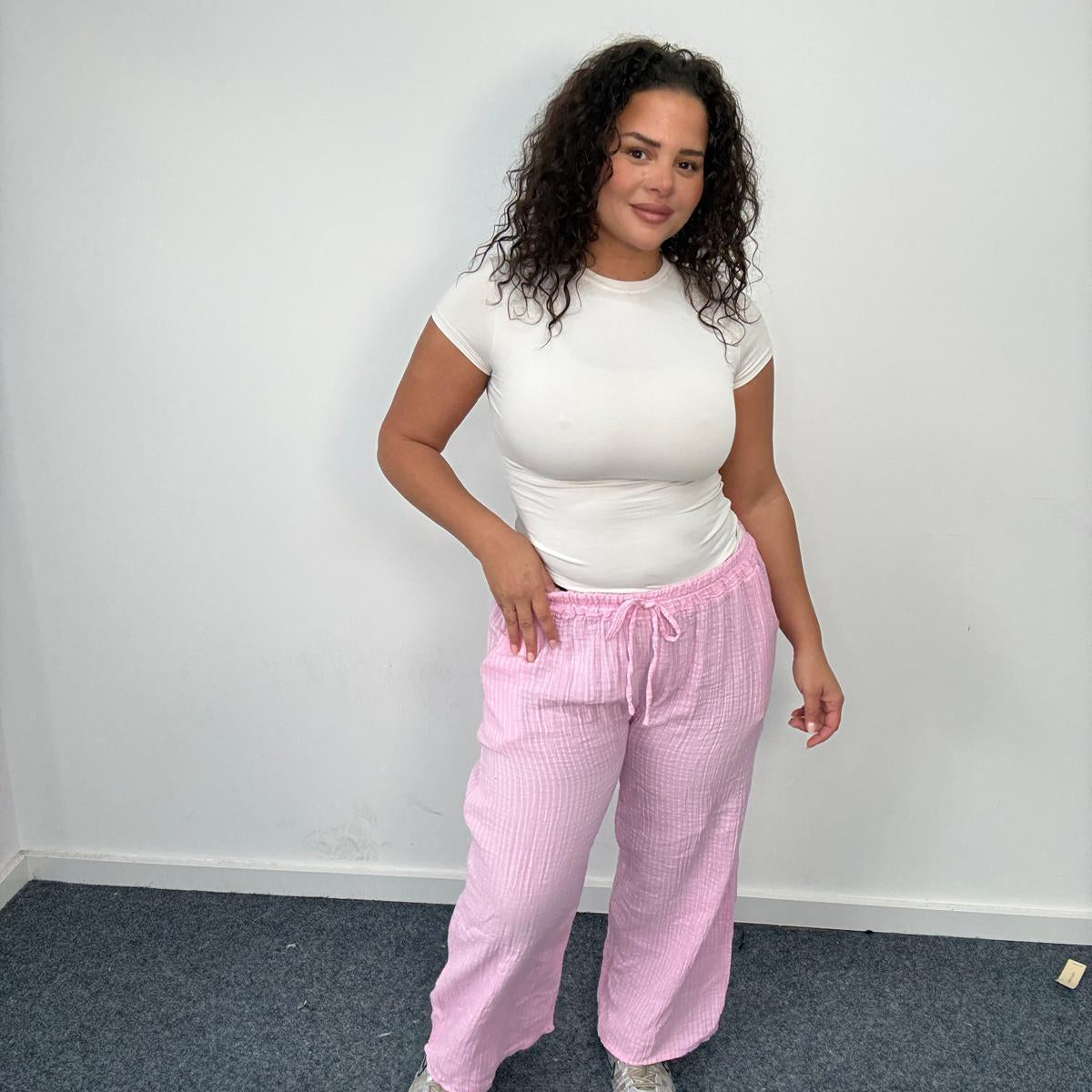 Plus Size Stripe Wide Leg Trousers Elasticated Waist with Pockets