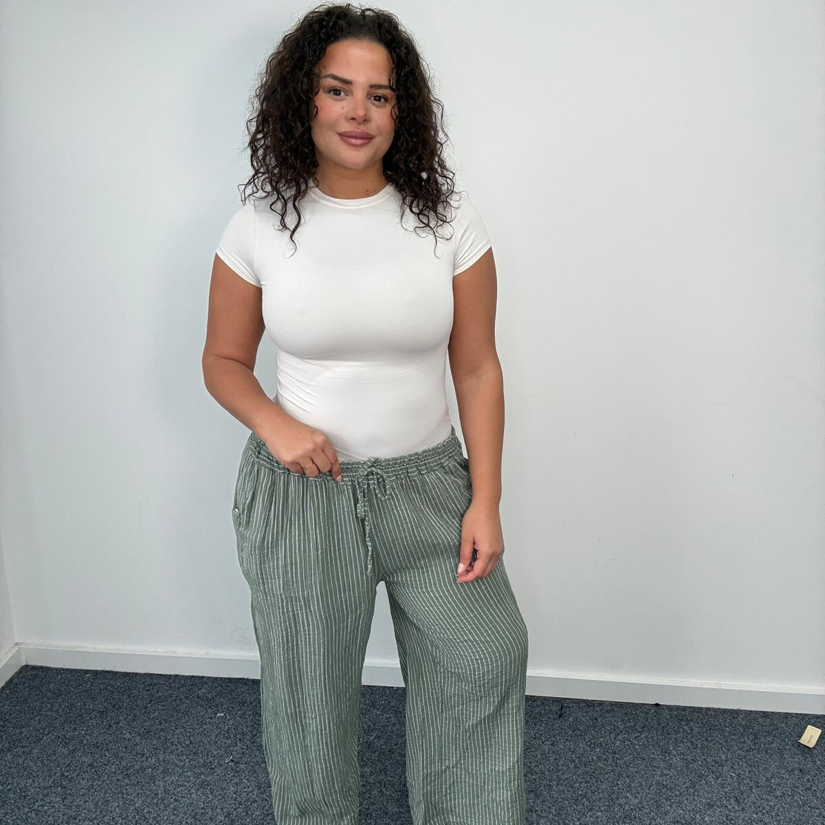 Plus Size Stripe Wide Leg Trousers Elasticated Waist with Pockets