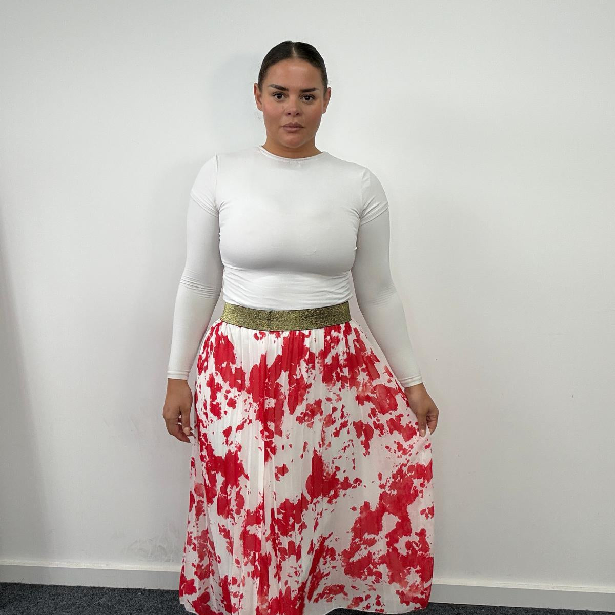 Plus Size Abstract Print Pleated Midi Skirt with Elastic Waist