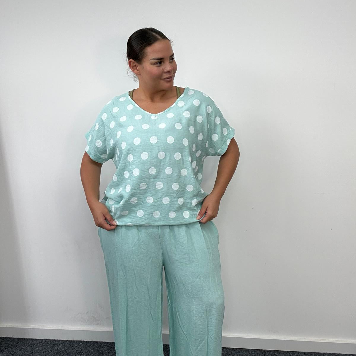 Plus Size Polka Dot Top & Wide Leg Trouser Co Ord Set