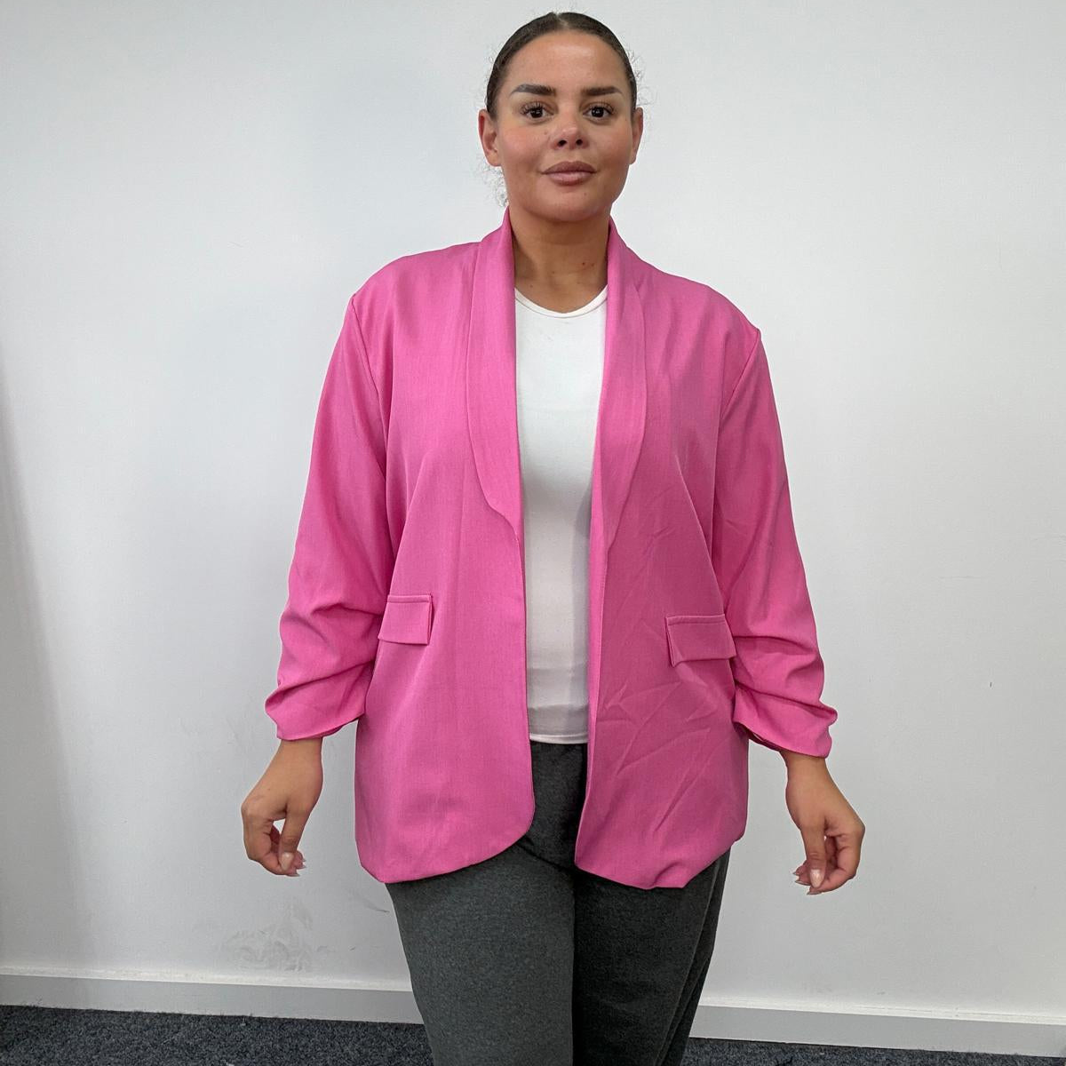 Plus Size Ruched Sleeve Open Front Blazer Jacket