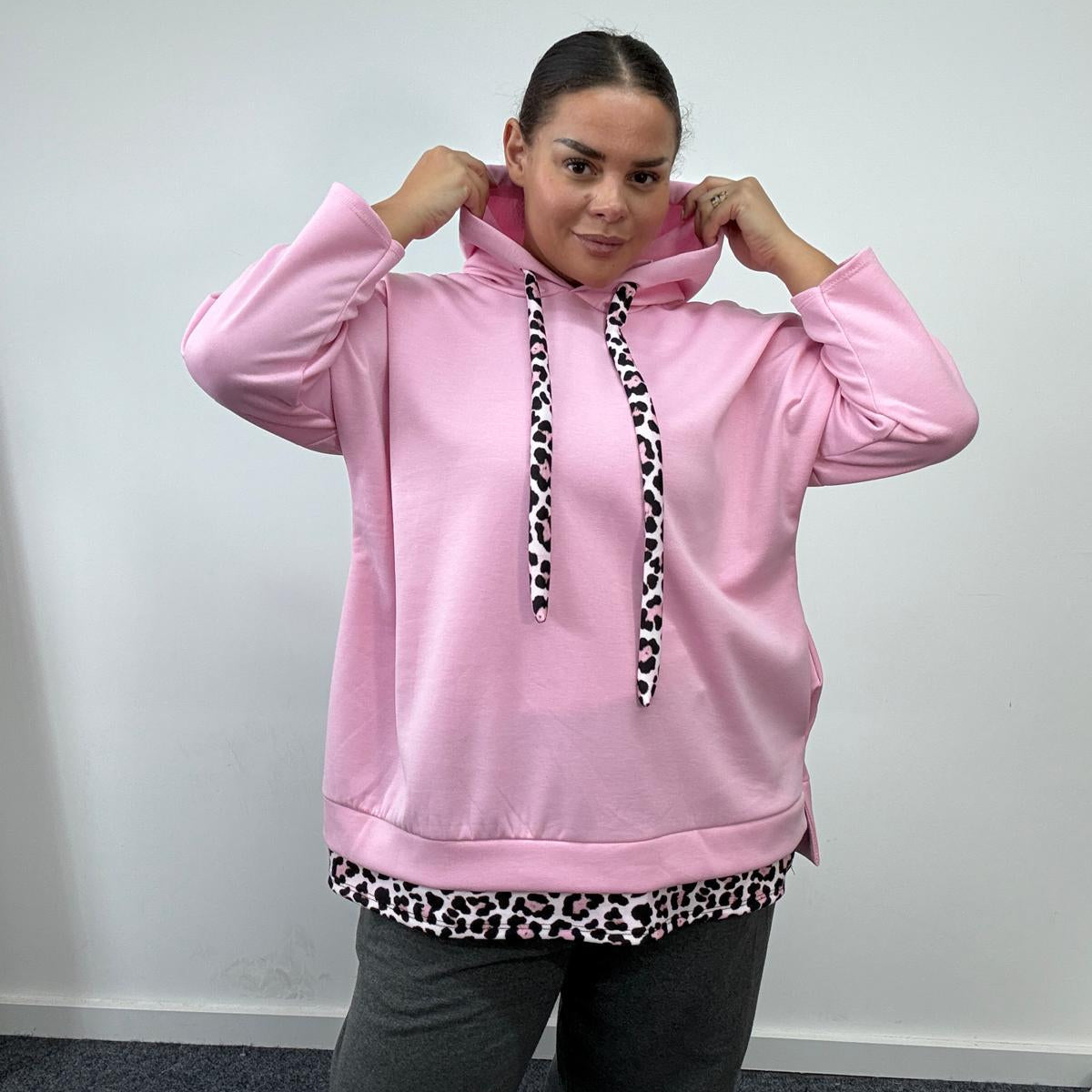 Plus Size Hooded Sweatshirt with Leopard Print Trim