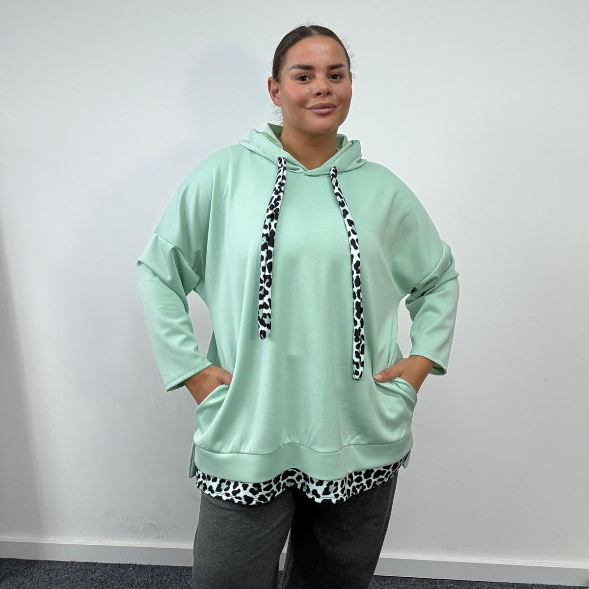 Plus Size Hooded Sweatshirt with Leopard Print Trim
