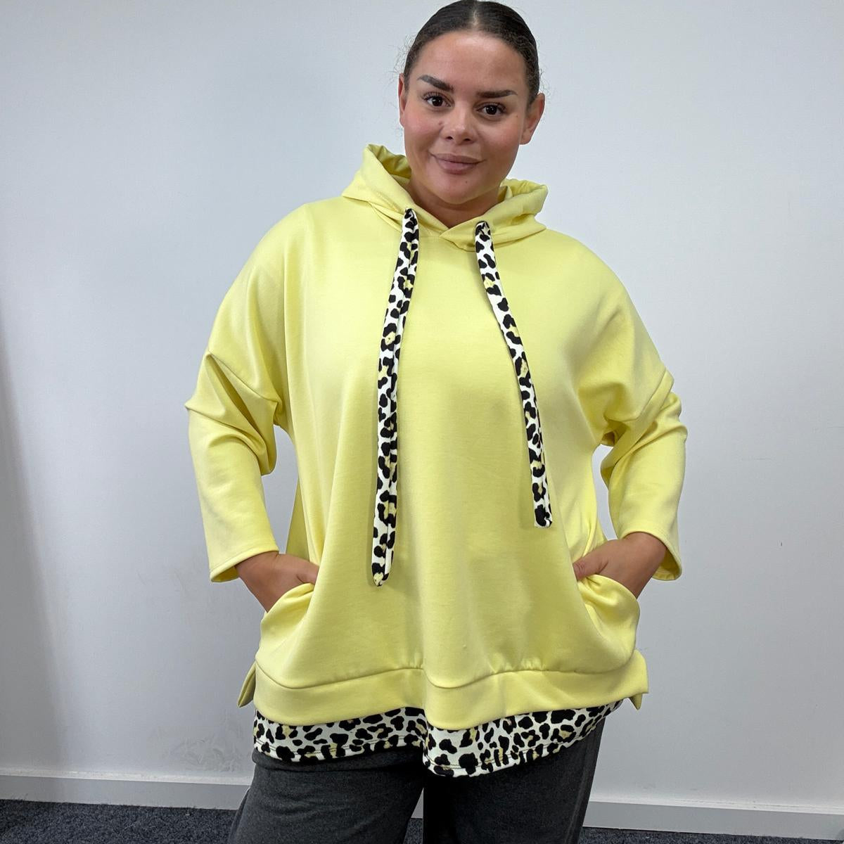 Plus Size Hooded Sweatshirt with Leopard Print Trim