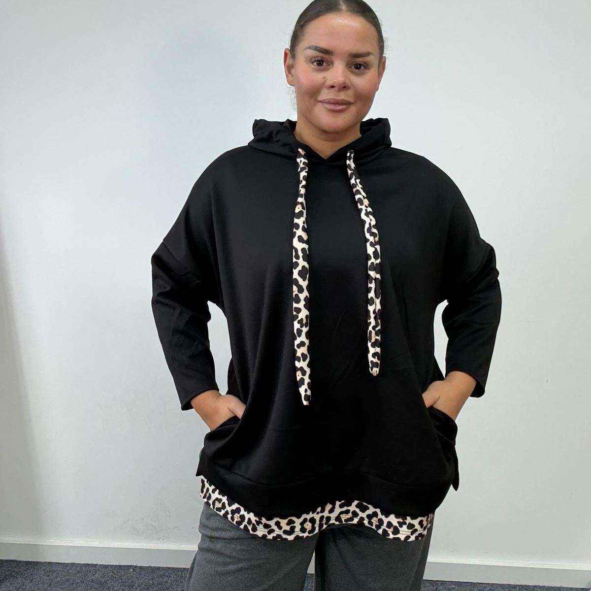Plus Size Hooded Sweatshirt with Leopard Print Trim