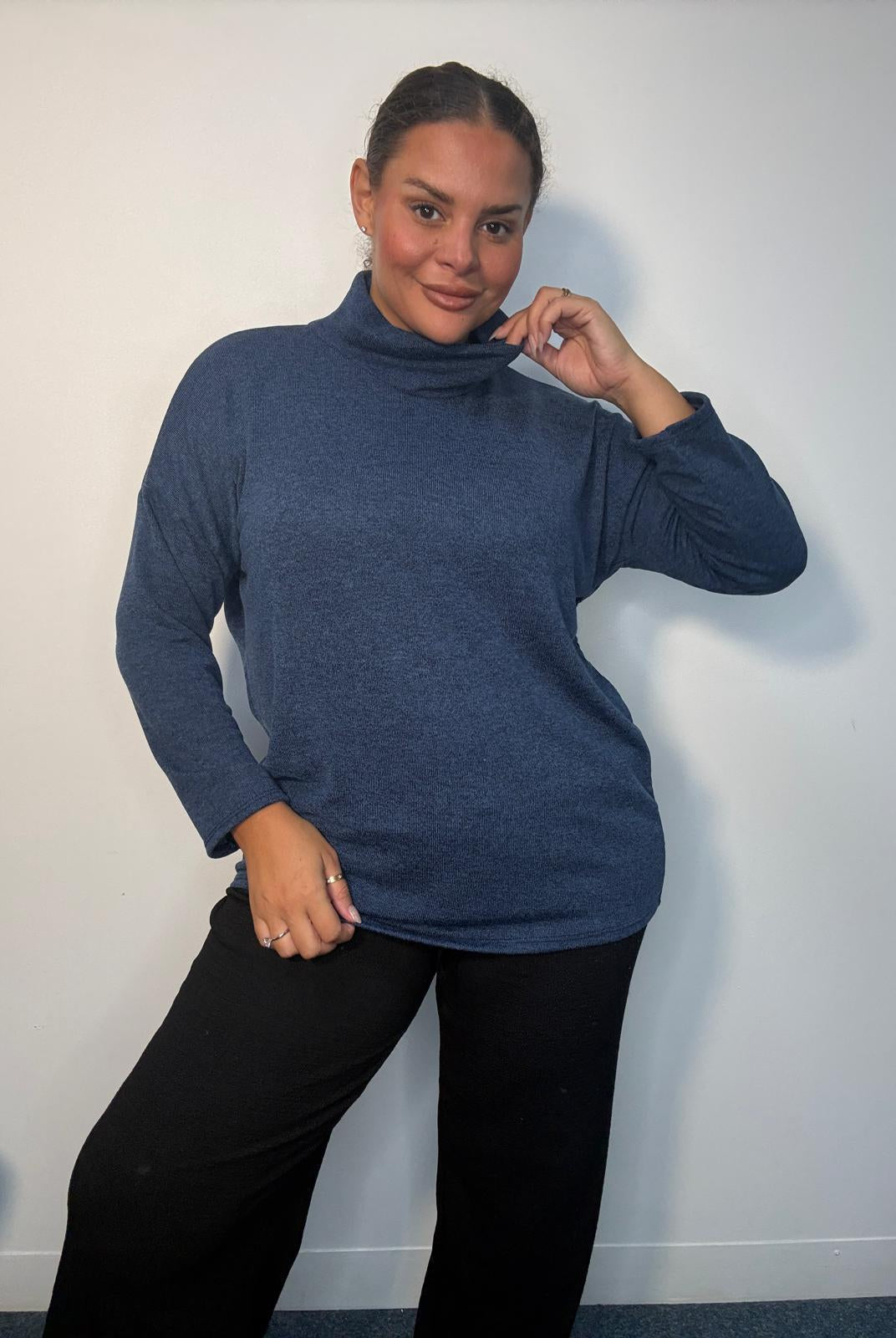 Plus-size model wearing a blue cowl neck long sleeve top with a relaxed fit.