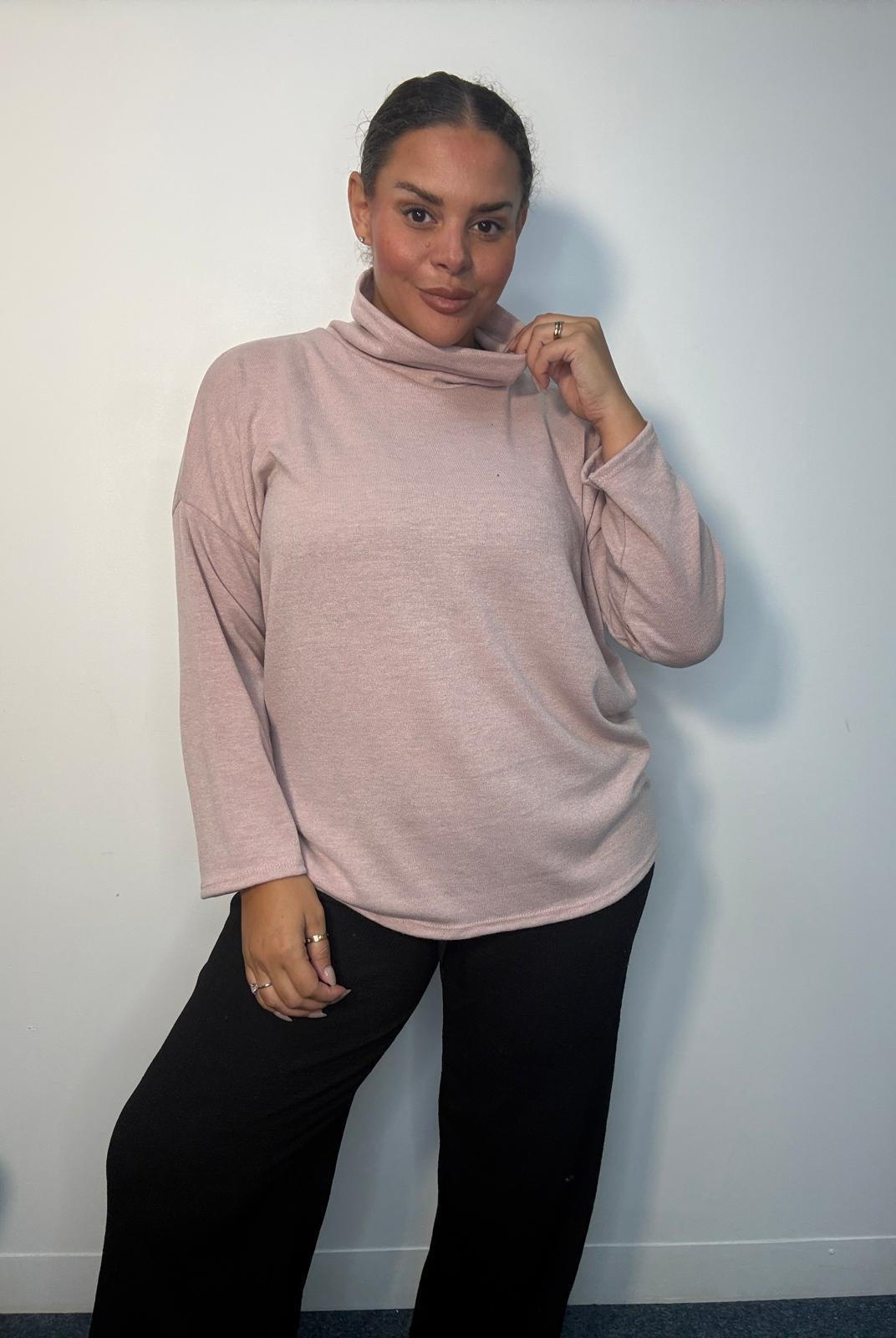Plus-size model wearing a dusky pink cowl neck long sleeve top with a relaxed fit.