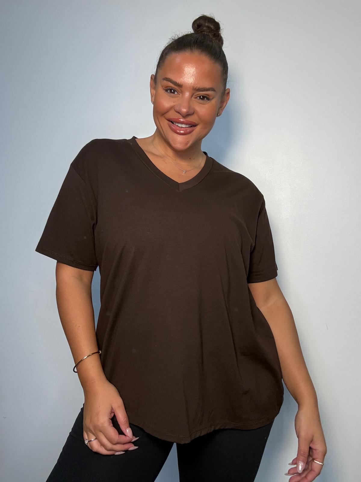 Model wearing a chocolate brown plus size V-neck T-shirt with short sleeves and a relaxed fit, styled with black trousers.