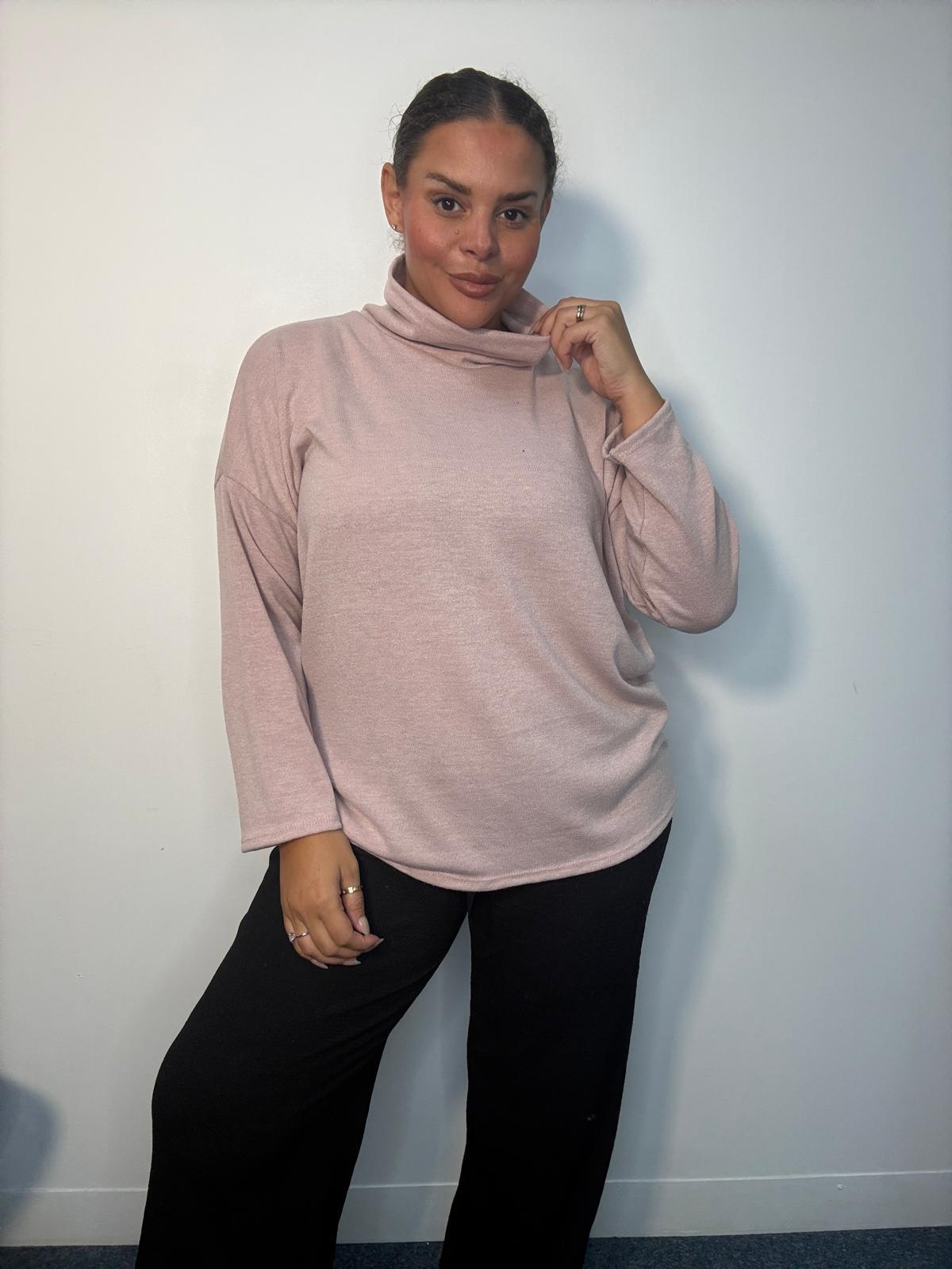Plus-size model wearing a dusky pink cowl neck long sleeve top with a relaxed fit.
